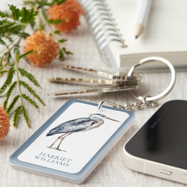 Coastal Blue Heron Bird Personalized Keychain (Front Right)