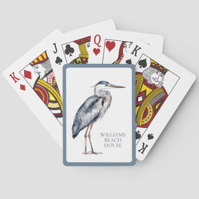 Coastal Blue Heron Bird Personalized Playing Cards (Back)