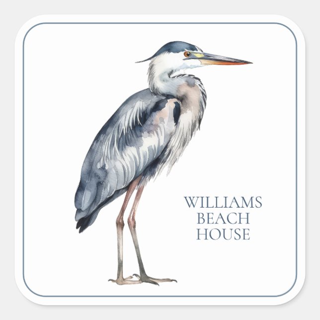 Coastal Blue Heron Bird Personalized Square Sticker (Front)