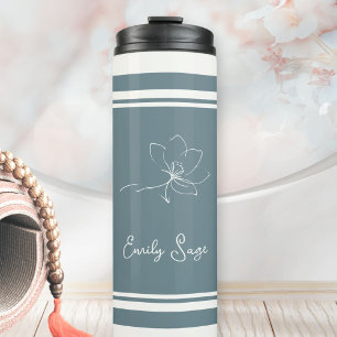 Coastal Blue Ivory Floral Line Art Striped Thermal Tumbler