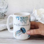 Coastal Blue Jellyfish and Sea Coral Watercolor Coffee Mug<br><div class="desc">Add coastal style to your home with my witty latte mug designed with my original hand painted jellyfish with coral and the words Seas The Moment in hand lettered script typography. Personalize the words to Seas The Day or however you like. Watercolor Artwork by Victoria Rigali Designs. Perfect Christmas gift...</div>
