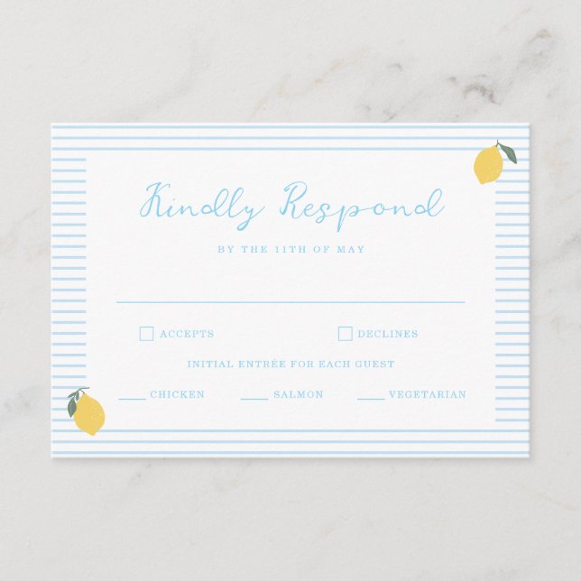 Coastal Blue Lemon Amalfi Wedding RSVP Card (Front)