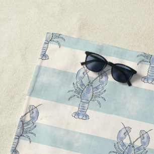 Coastal Blue Lobster Nautical Stripes Pattern Beach Towel