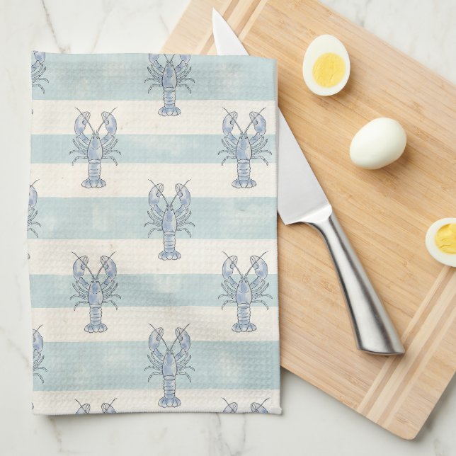 Coastal Blue Lobster Nautical Stripes Pattern Kitchen Towel (Quarter Fold)