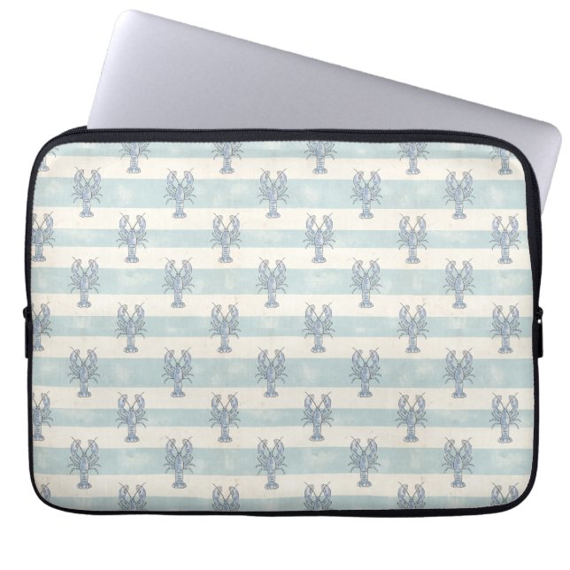 Coastal Blue Lobster Nautical Stripes Pattern Laptop Sleeve (Front)