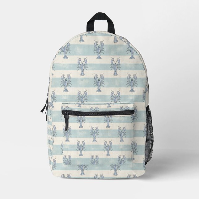 Coastal Blue Lobster Nautical Stripes Pattern Printed Backpack (Front)