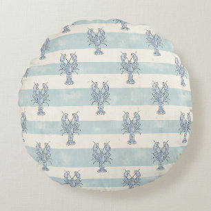 Coastal Blue Lobster Nautical Stripes Pattern Round Pillow