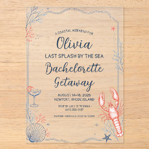 Coastal Blue Lobster Seafood Bachelorette Acrylic Invitations