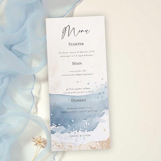 Coastal Blue Ocean Beach Wave Sand Elegant Wedding Menu (coastal wedding stationery suite menu elegant blue beige sand water ocean boat yacht)