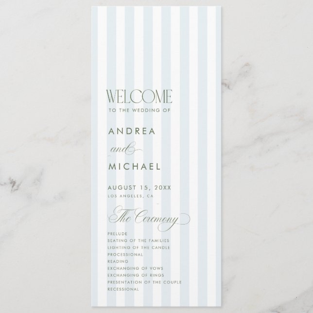 Coastal Blue Sage Green Elegant Stripes Wedding Program (Front)