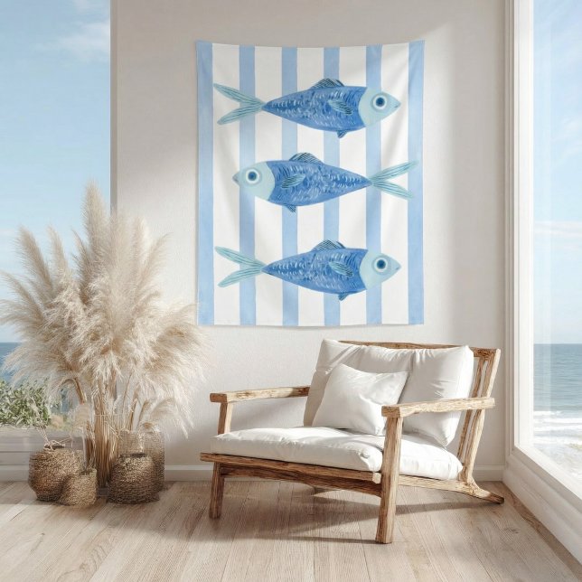 Coastal Blue Sardines Striped  Tapestry (Creator Uploaded)