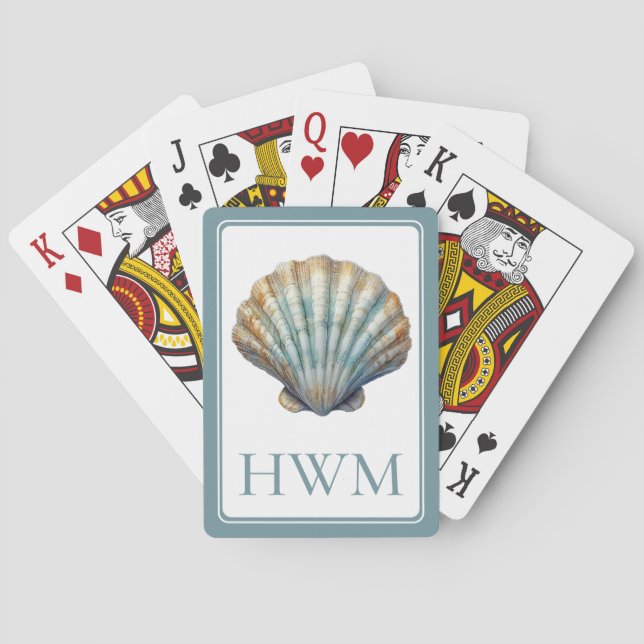 Coastal Blue Scallop Seashell Monogram Playing Cards (Back)