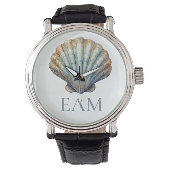 Coastal Blue Scallop Seashell Monogram Watch (Front)
