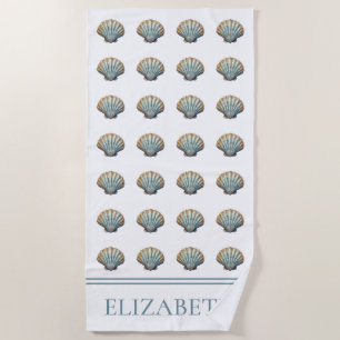 Coastal Blue Scallop Seashell Personalized Beach Towel