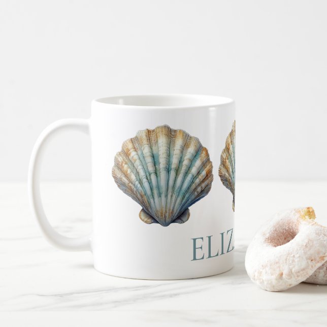 Coastal Blue Scallop Seashell Personalized Coffee Mug (With Donut)