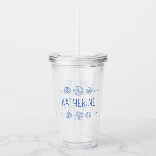 Coastal Blue Scallop Seashells Personalized Acrylic Tumbler (Front)