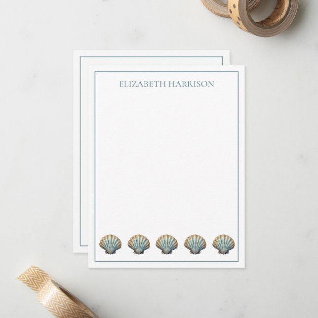 Coastal Blue Scallop Seashells Personalized Card (Front/Back In Situ)