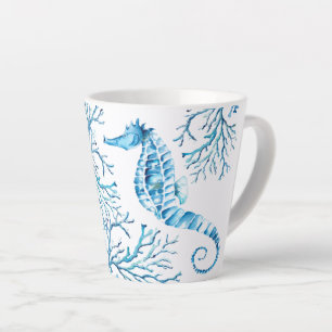 Coastal Blue Seahorse and Coral Watercolor Latte Mug
