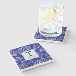 Coastal Blue Seashell Monogram Name Stone Coaster
