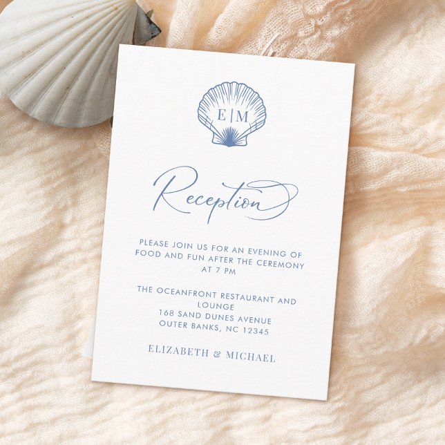 Coastal Blue Seashell Monogram Wedding Reception Enclosure Card (Creator Uploaded)