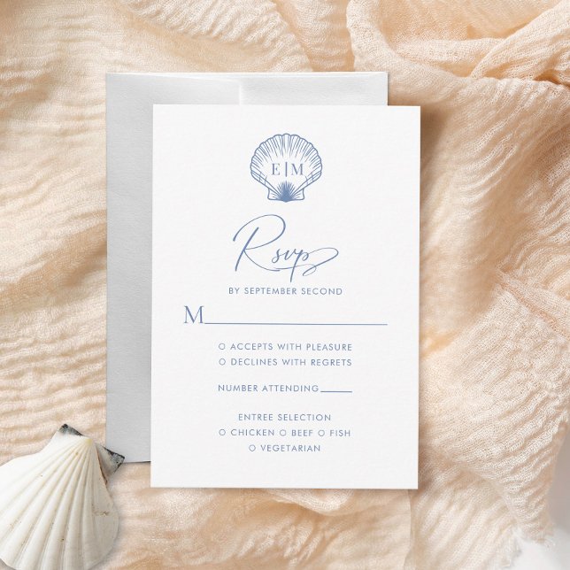 Coastal Blue Seashell Monogram Wedding RSVP Card (Creator Uploaded)