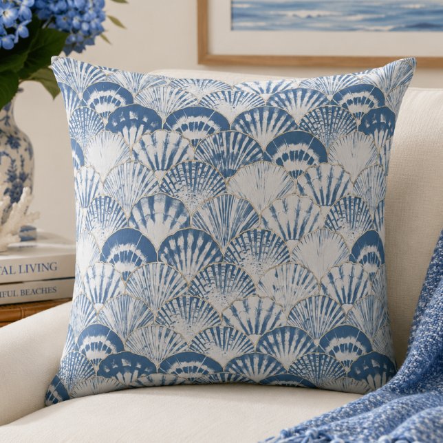 Coastal Blue Seashell Pattern Beach Throw Pillow (Creator Uploaded)