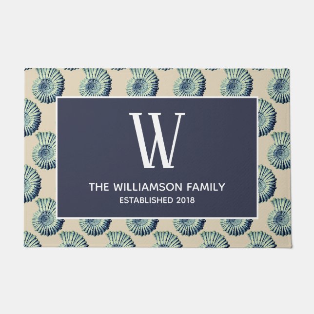 Coastal Blue Seashells & Family Name Doormat (Front)