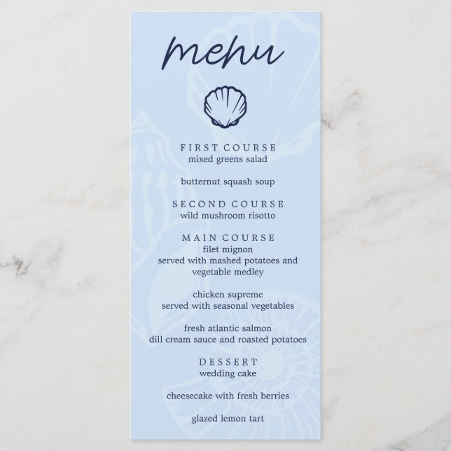 Coastal Blue Seashells Wedding Menu (Front)