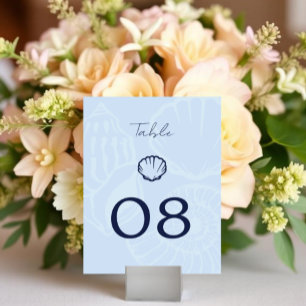 Coastal Blue Seashells Wedding Table Number