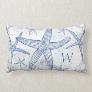 Coastal Blue Starfish Map Monogrammed Initial Lumbar Pillow