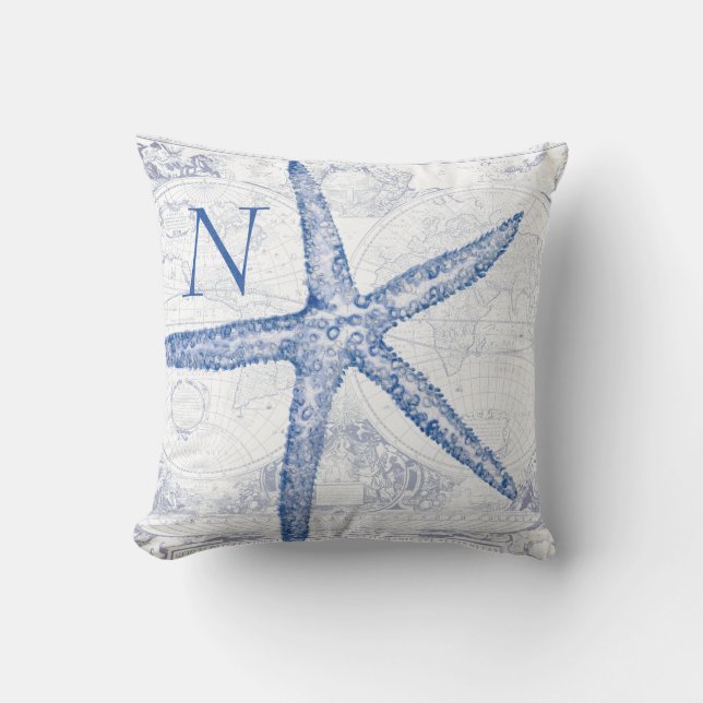 Coastal Blue Starfish Map Monogrammed Initial Throw Pillow (Front)