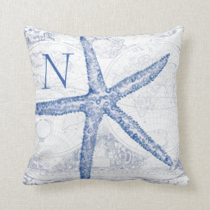 Coastal Blue Starfish Map Monogrammed Initial Throw Pillow