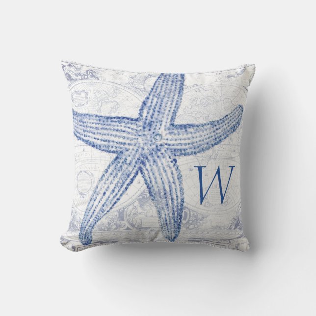 Coastal Blue Starfish Map Monogrammed Initial Throw Pillow (Front)