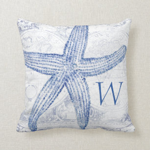 Coastal Blue Starfish Map Monogrammed Initial Throw Pillow