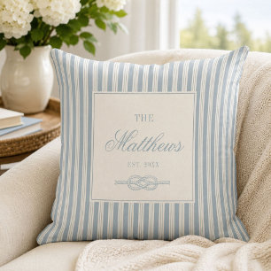 Coastal Blue Stripe Love Knot Family Name Throw Pillow