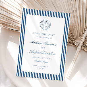 Coastal Blue Stripe Shell Wedding Save the Date