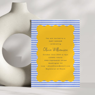 Coastal Blue Stripe Yellow Scallop Baby Shower Invitation