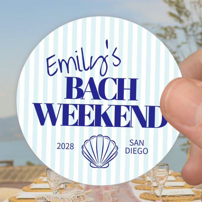 Coastal Blue Striped Bach Weekend Shell Classic Ro Round Sticker (Creator Uploaded)