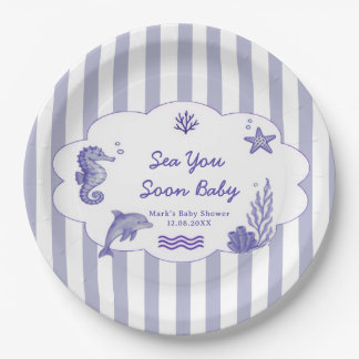 Coastal Blue Striped Sea You Soon Baby Shower Paper Plate