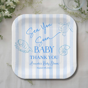 Coastal Blue Stripes Boy Sea You Soon Baby Shower Paper Plate