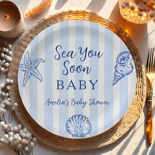 Coastal Blue Stripes Boy Sea You Soon Baby Shower  Paper Plate