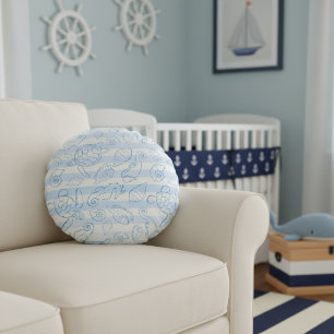 Coastal Blue Stripes Boy Sea You Soon Baby Shower Round Pillow