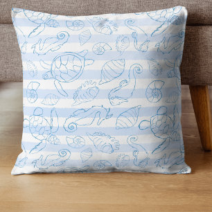 Coastal Blue Stripes Boy Sea You Soon Baby Shower Throw Pillow