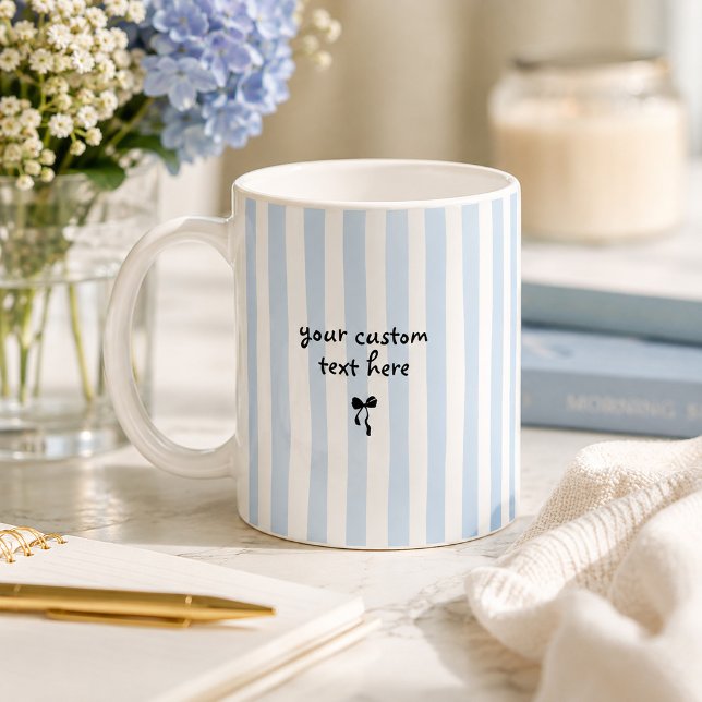 Coastal Blue Stripes Custom Text Bow Personalized Coffee Mug (Blue and white striped personalized coffee mug with custom text and small black bow.
)