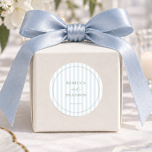 Coastal Blue Stripes Sage Green Wedding Favour Classic Round Sticker