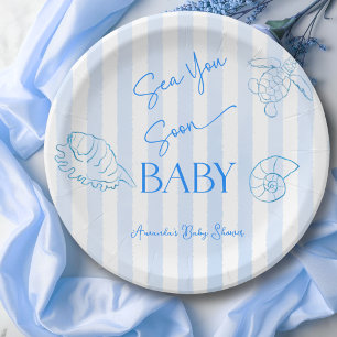 Coastal Blue Stripes Sea You Soon Boy Baby Shower Paper Plate