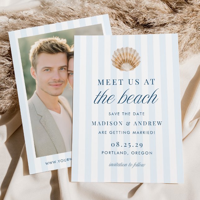 Coastal Blue Stripes Shell Beach Photo Wedding Save The Date (Creator Uploaded)