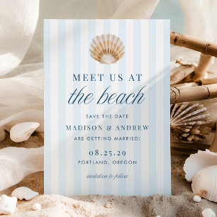 Coastal Blue Stripes Shell Beach Wedding Save The Date
