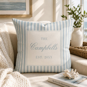 Coastal Blue Ticking Stripe Custom Family Name Throw Pillow