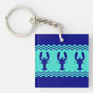Coastal Blue Turquoise Stripe Lobster Pattern Keychain